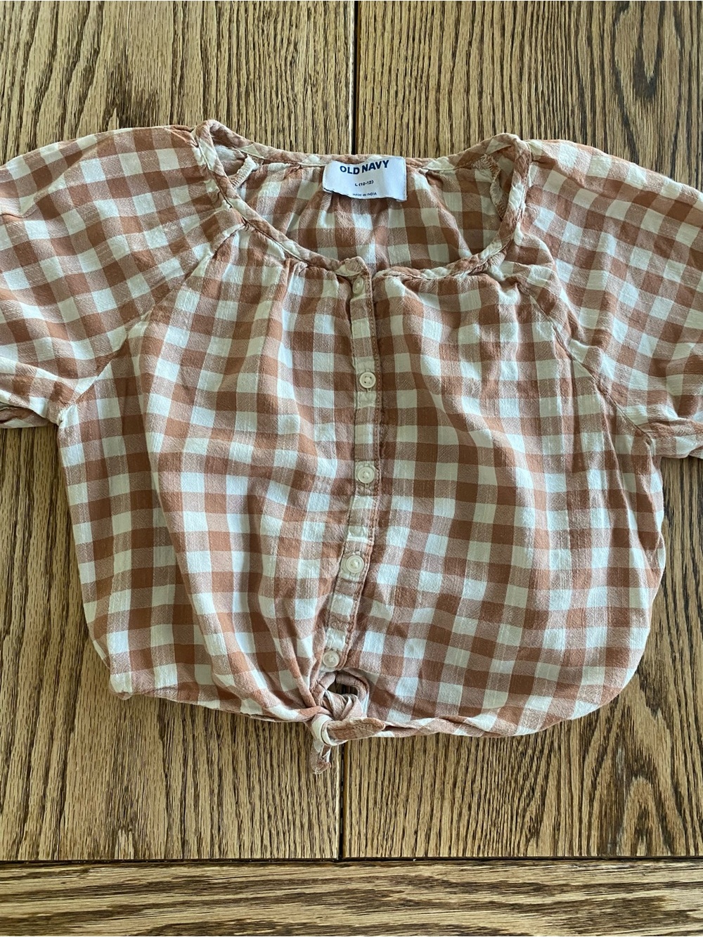 Old Navy Cream and Brown Gingham Tie-Front Blouse